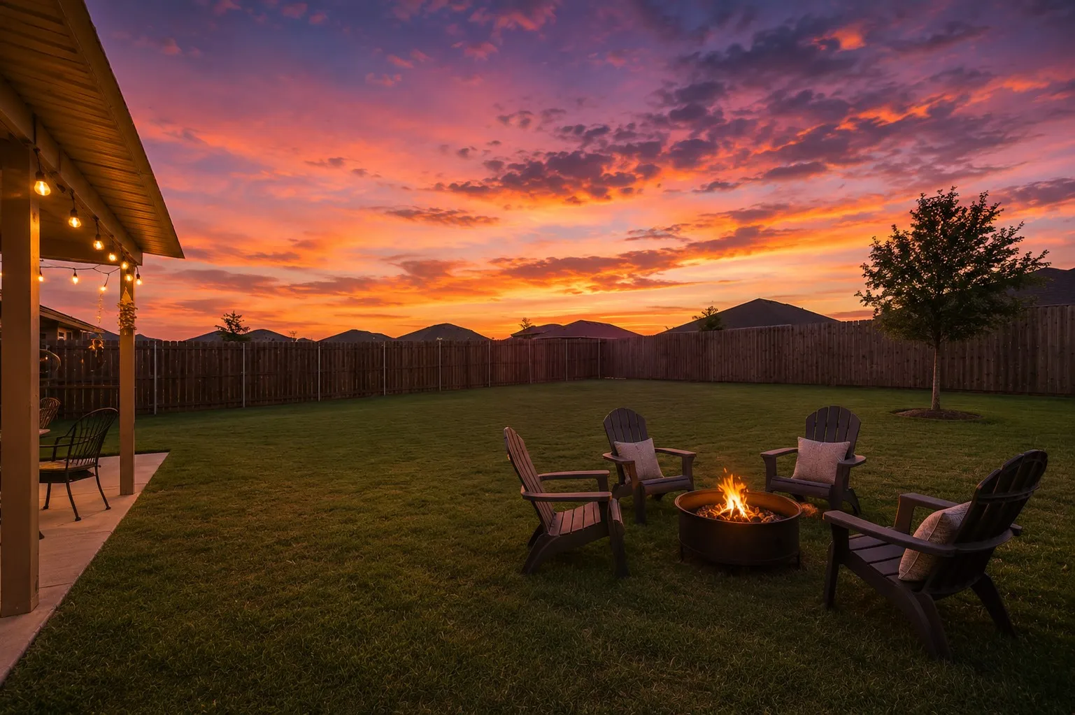 Ample backyard space ready for your vision (fire pit and chairs added as an eample)