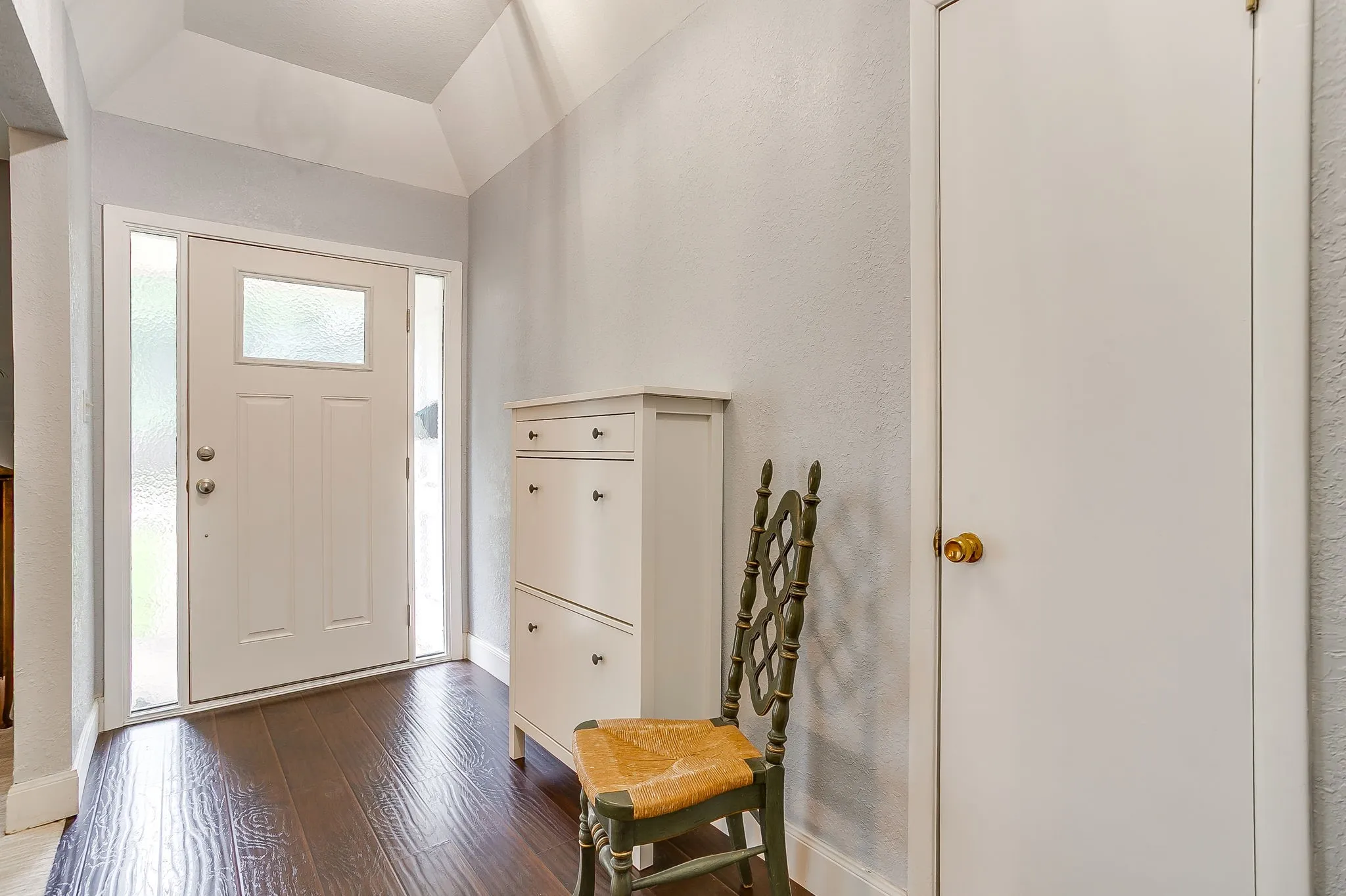Entryway featuring a white paneled front door with a transom window and sidelights, dark wood-finish flooring, and light gray wall paint