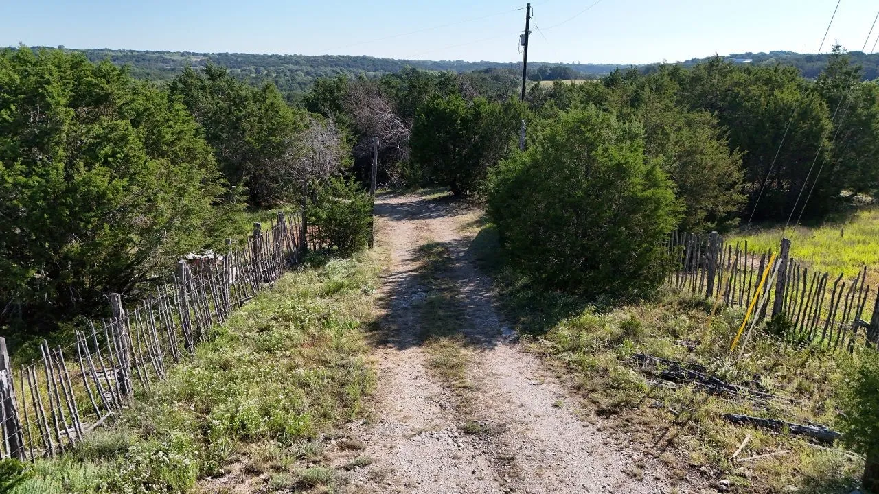 Unpaved drive bordered by rustic wooden fencing and abundant natural foliage