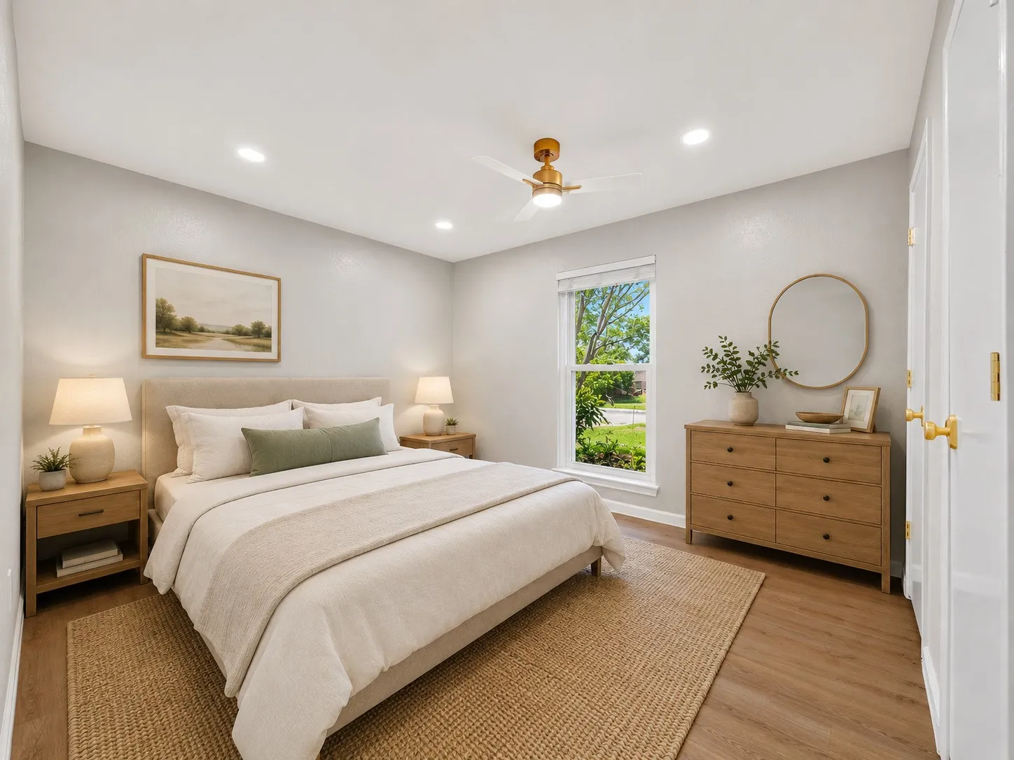 AI Staging:Bright room with wood-finish flooring and recessed lighting