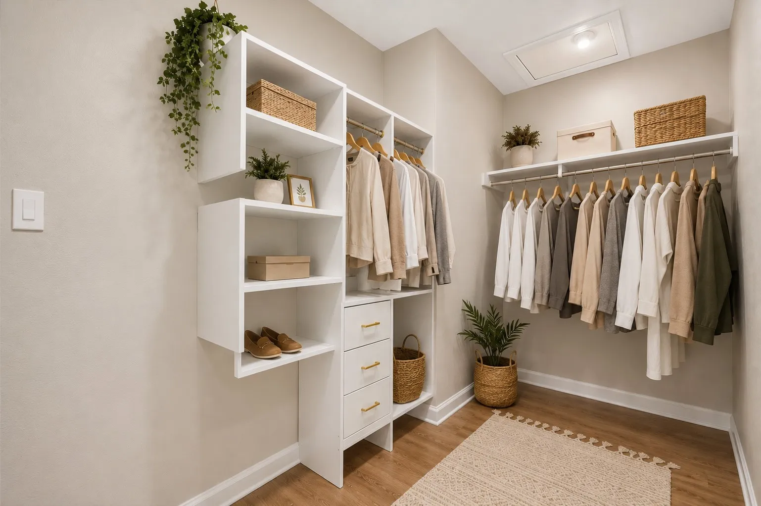 AI Staging: Custom closet system featuring white shelving, hanging rods, and built-in drawers with gold-tone hardware
