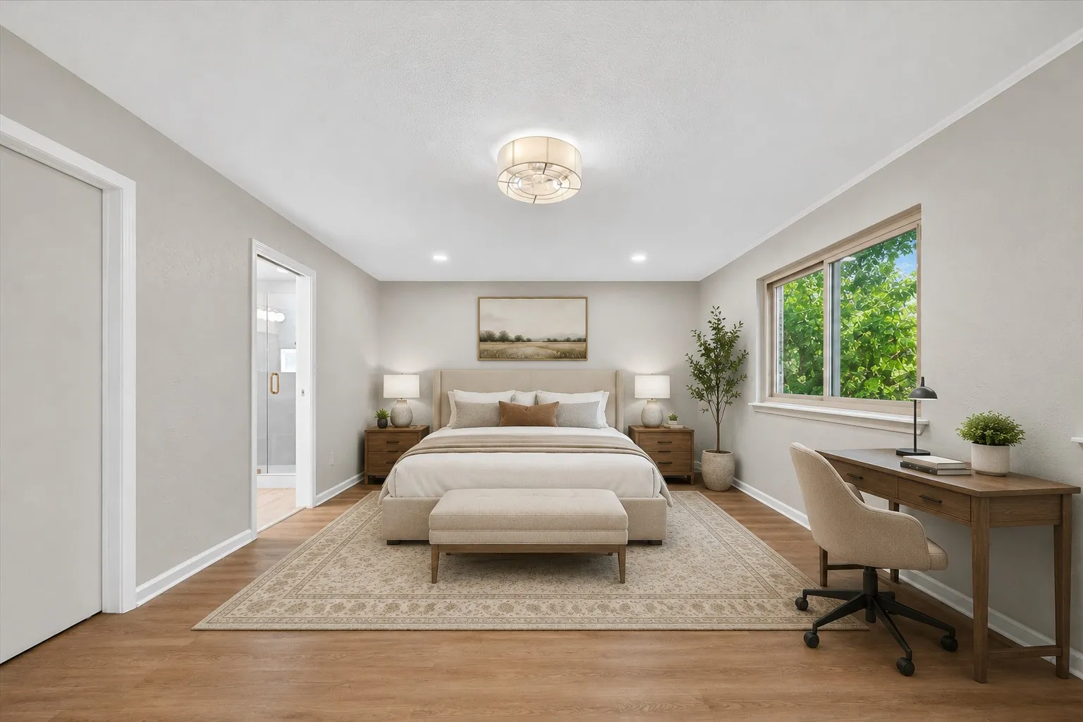 AI Staging:Spacious room featuring wood-finish flooring, recessed lighting, and a large window