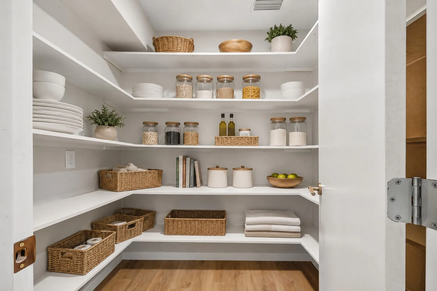 Walk-in pantry featuring white built-in shelving, wood-finish flooring, and a white door with bronze hardware