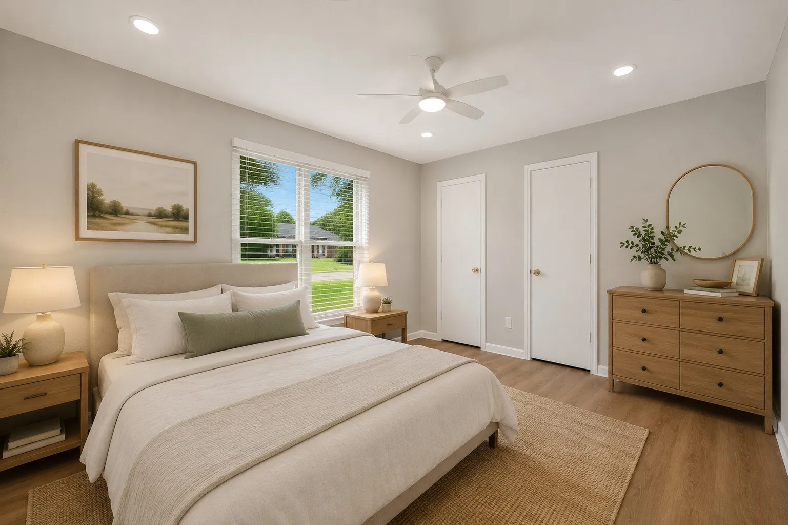 AI Staging: Bright room featuring wood-finish flooring, a ceiling fan with integrated lighting, recessed lighting, and two white panel doors
