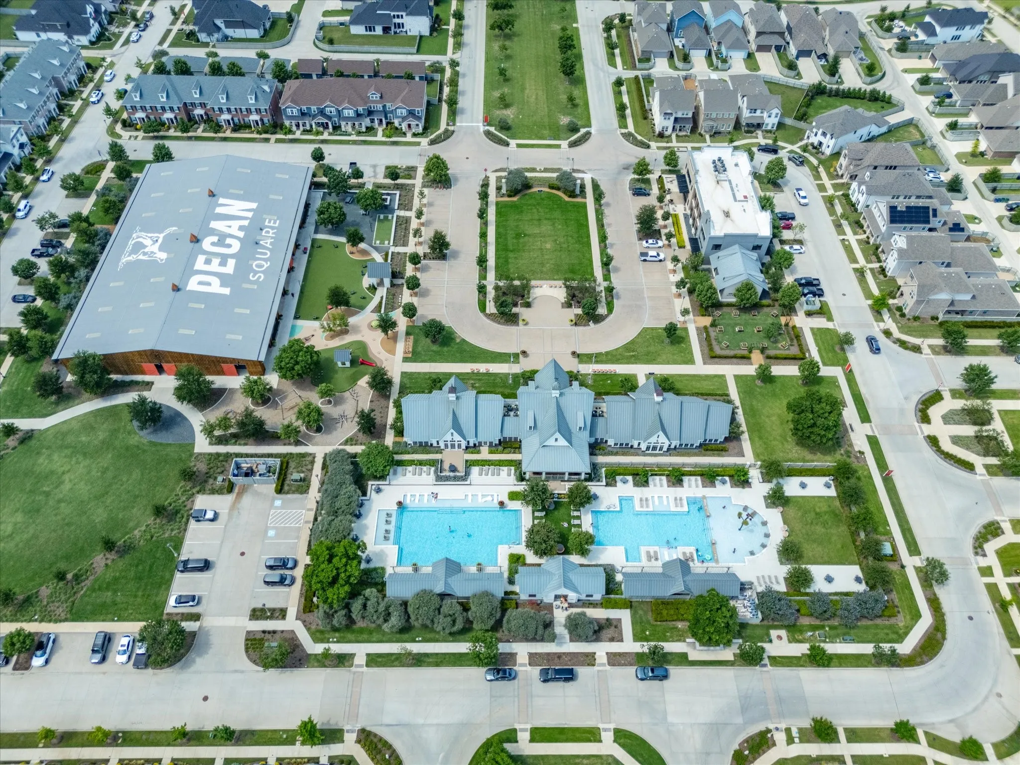 Aerial perspective showcasing a residential community with varied architectural styles