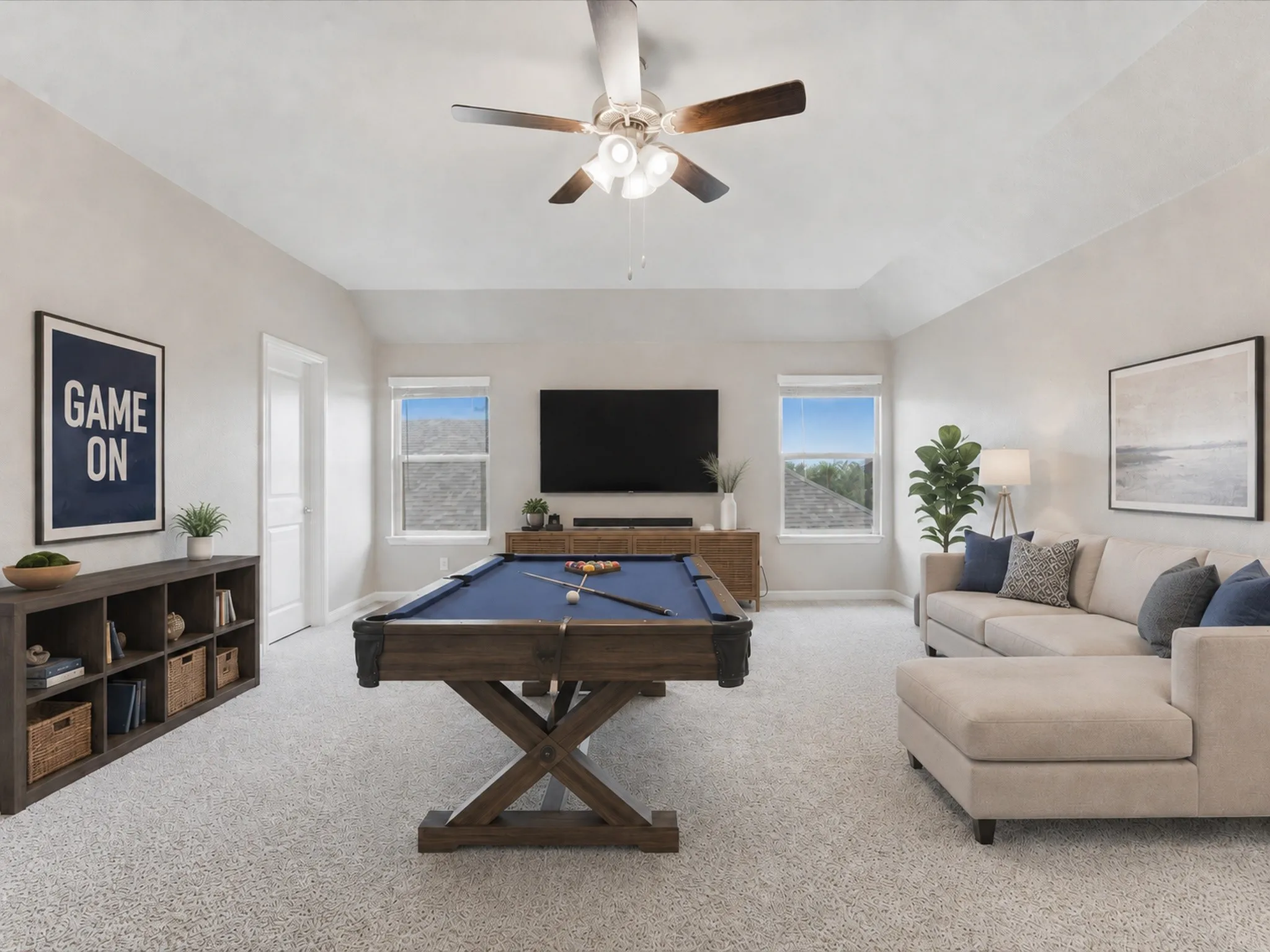 2nd floor bonus room VIRTUALLY STAGED, carpeted room featuring a ceiling fan, recessed lighting, and multiple windows