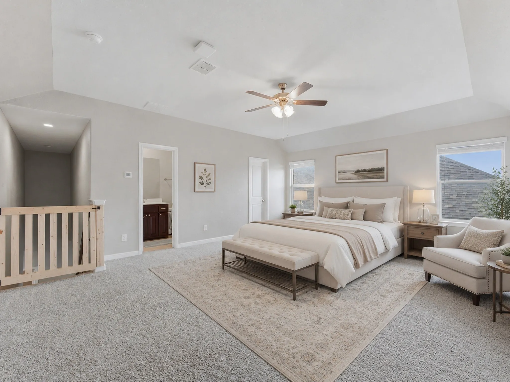 2nd floor VIRTUALLY STAGED, bedroom featuring a tray ceiling, ceiling fan with light fixture, light gray walls, and carpeting & full bathroom.