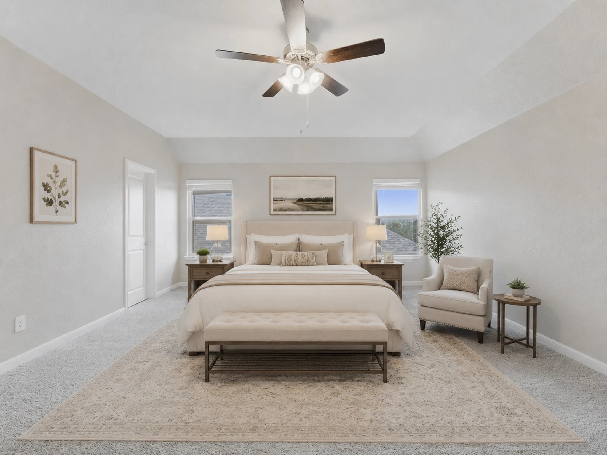 2nd floor VIRTUALLY STAGED, bedroom featuring a tray ceiling, ceiling fan with light fixture, light gray walls, and carpeting & full bathroom.