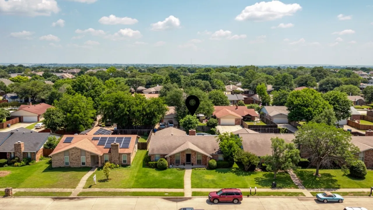 Single-story brick residence featuring a front lawn and a visible solar panel array on the roof