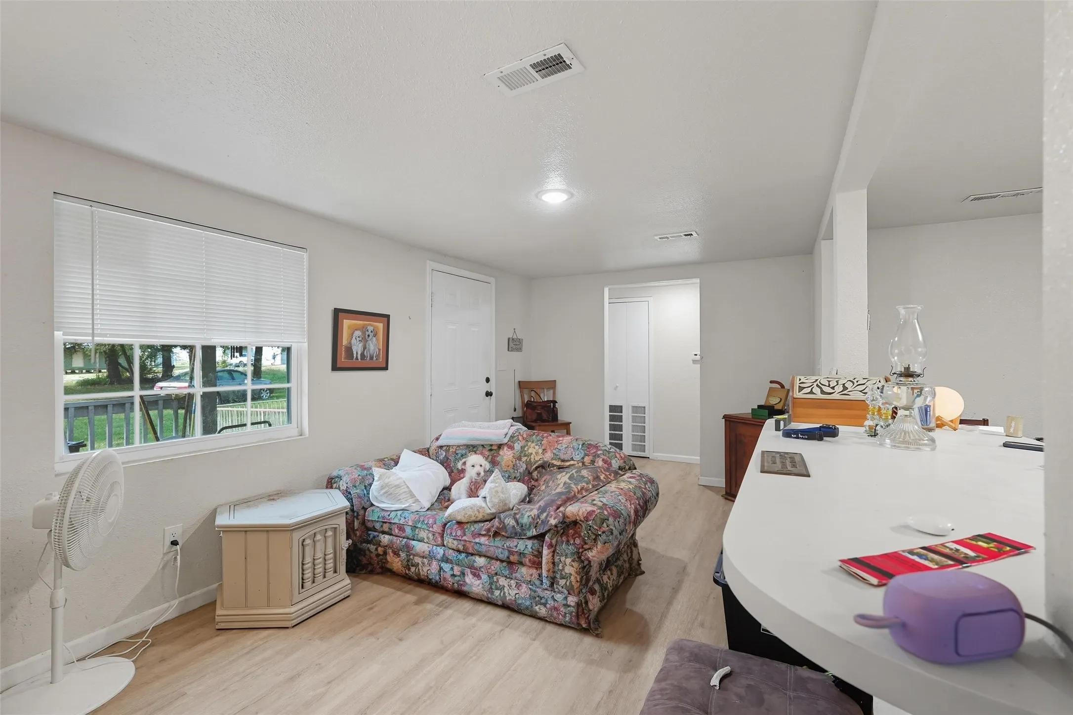 Light-toned wood-finish flooring provides a neutral base for the space, complemented by a white countertop surface