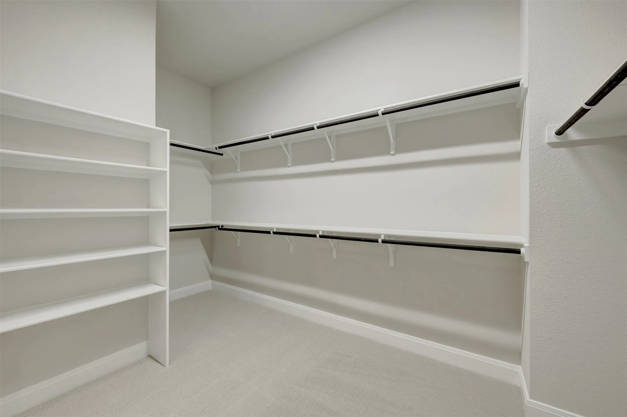 Built-in shelving, multiple hanging rods, and light-colored carpeting