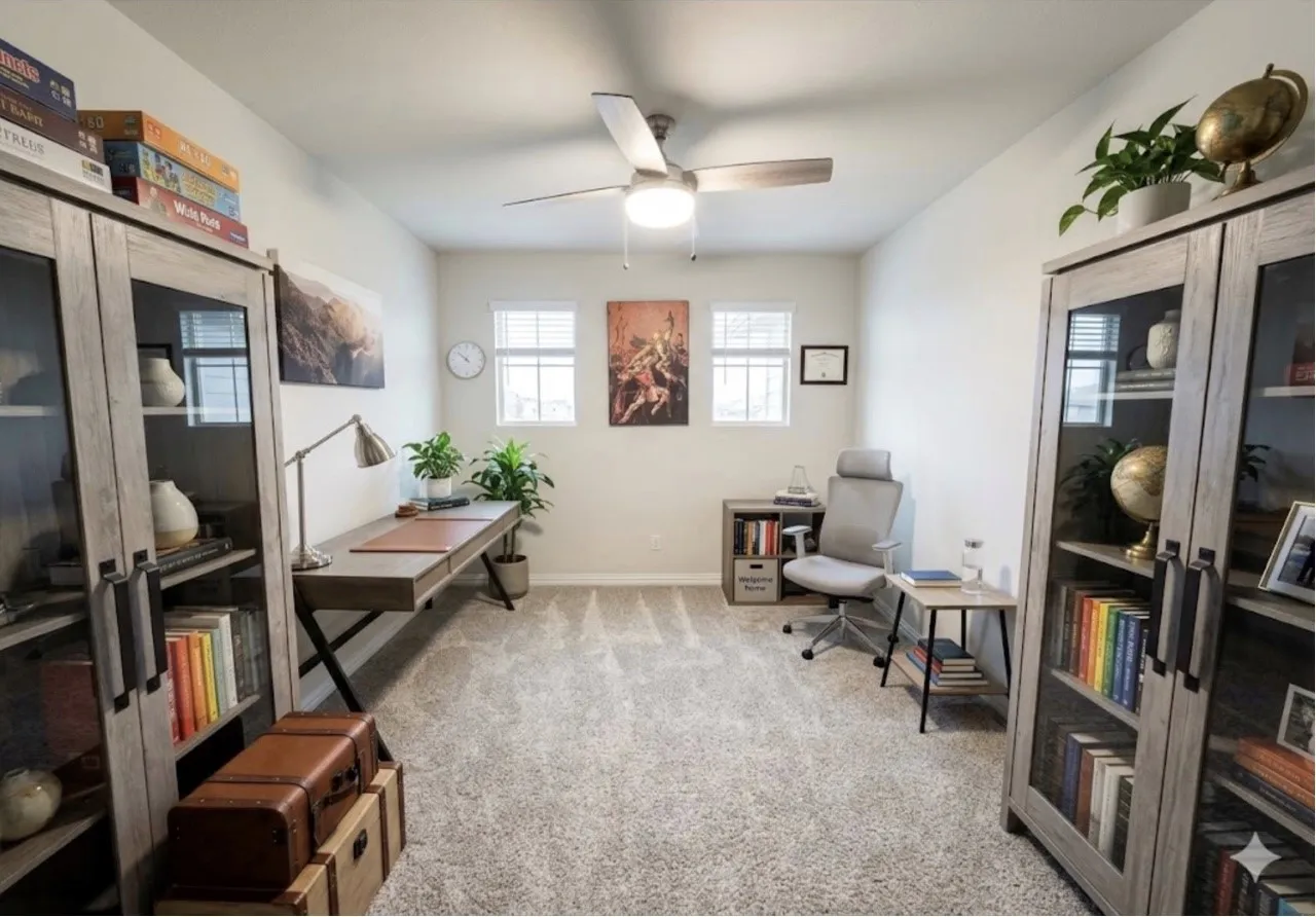 Carpeted room featuring dual windows, a ceiling fan, and built-in shelving units with glass-front doors