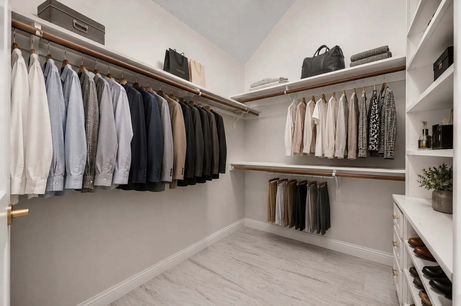 Spacious walk-in closet featuring light wood-finish flooring, ample hanging rods, built-in shelving, and integrated drawers with gold-tone hardware