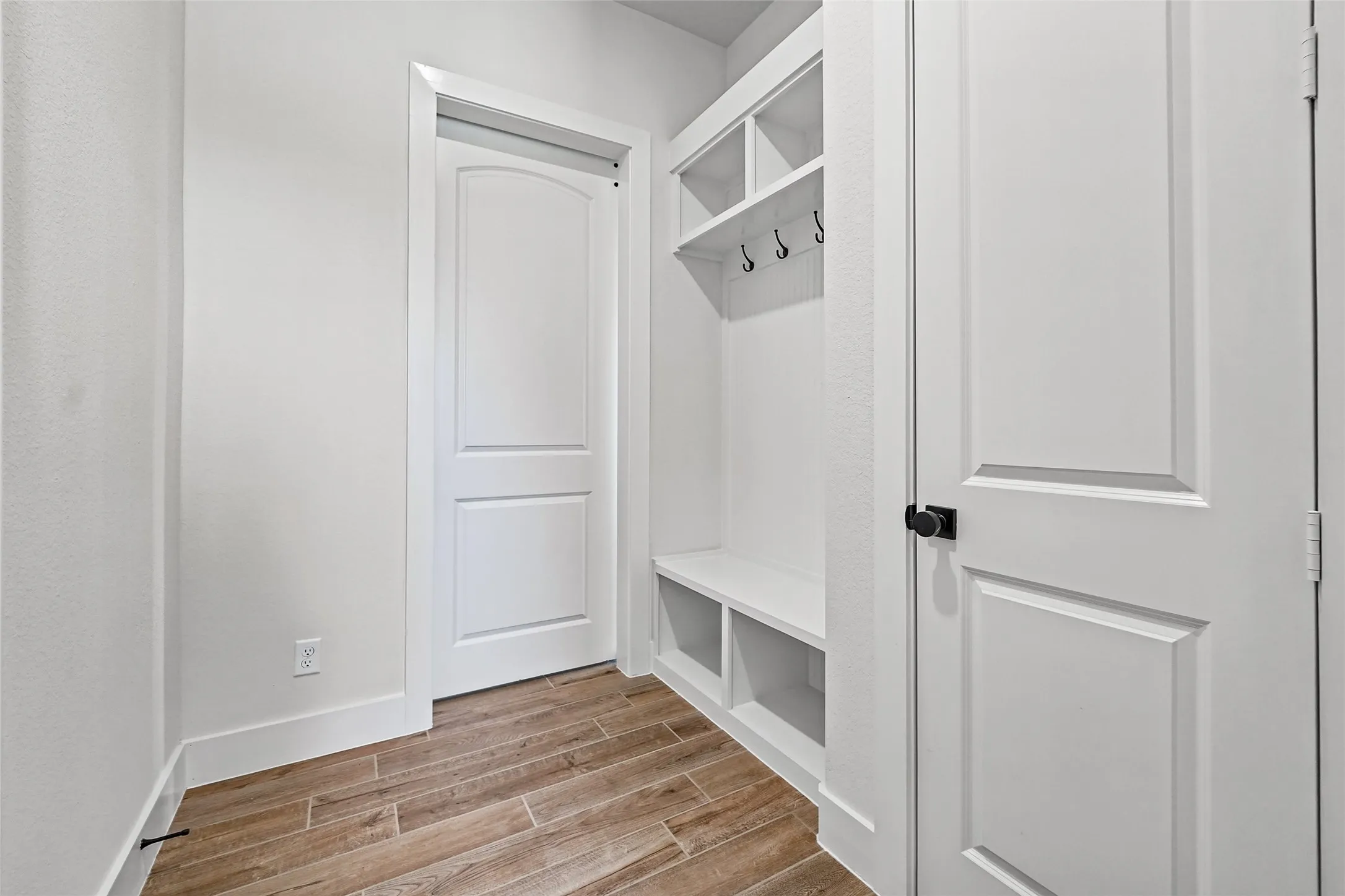 Built-in hall tree with storage cubbies and coat hooks, wood-finish flooring, two-panel interior doors, and crisp white trim