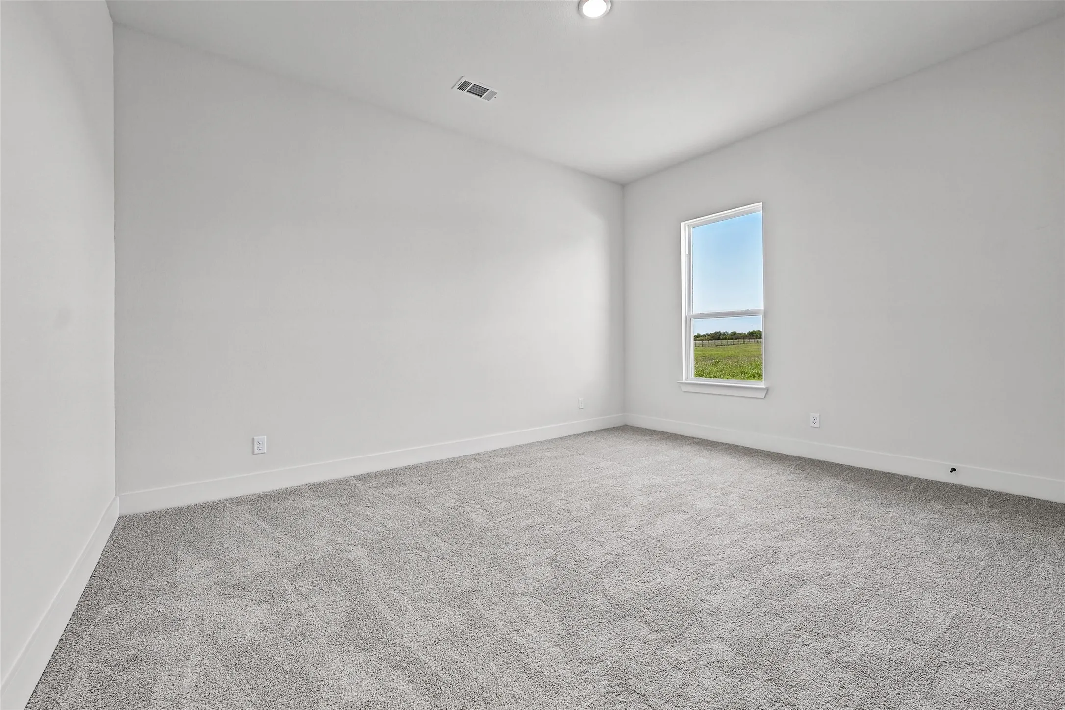 Light gray textured carpeting, white painted walls, and a single window with a white frame