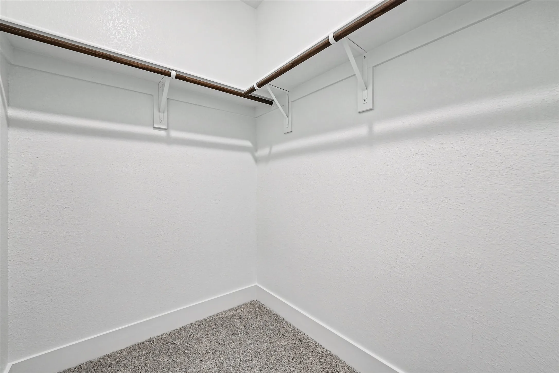 Built-in organizational rods with white support brackets, textured white walls, and gray carpet flooring
