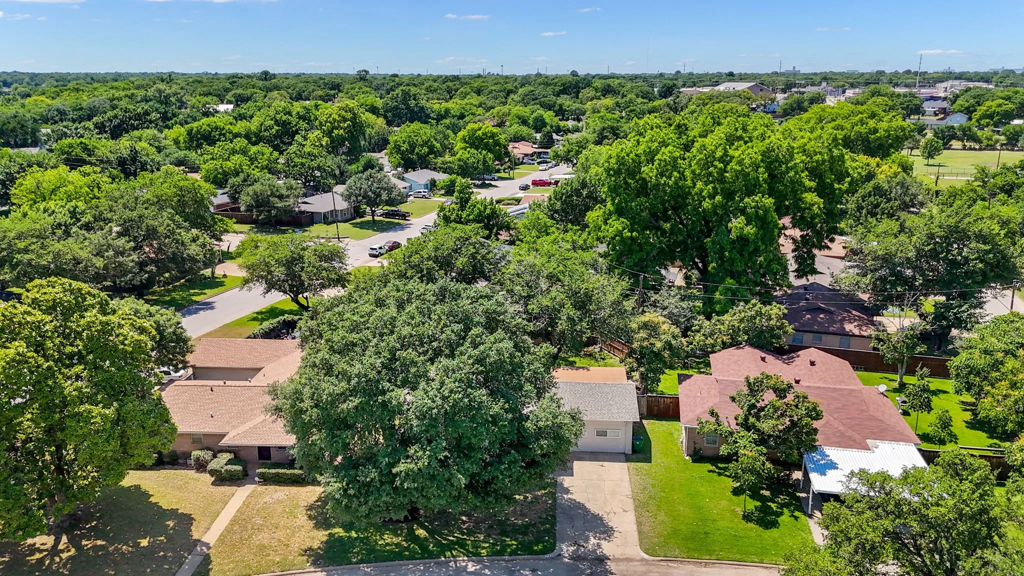 Aerial perspective showcasing a residential neighborhood with a variety of tree coverage