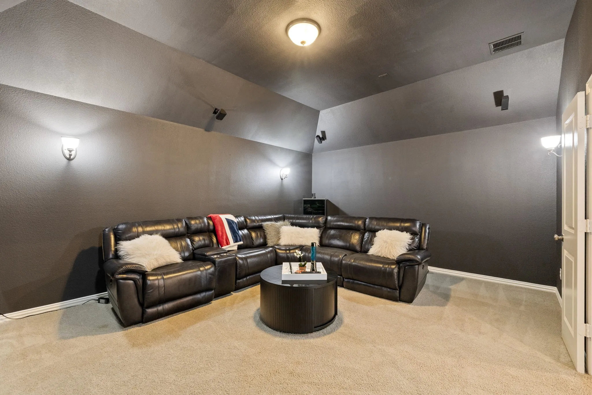Media Room, recent paint, custom lighting, projector and screen