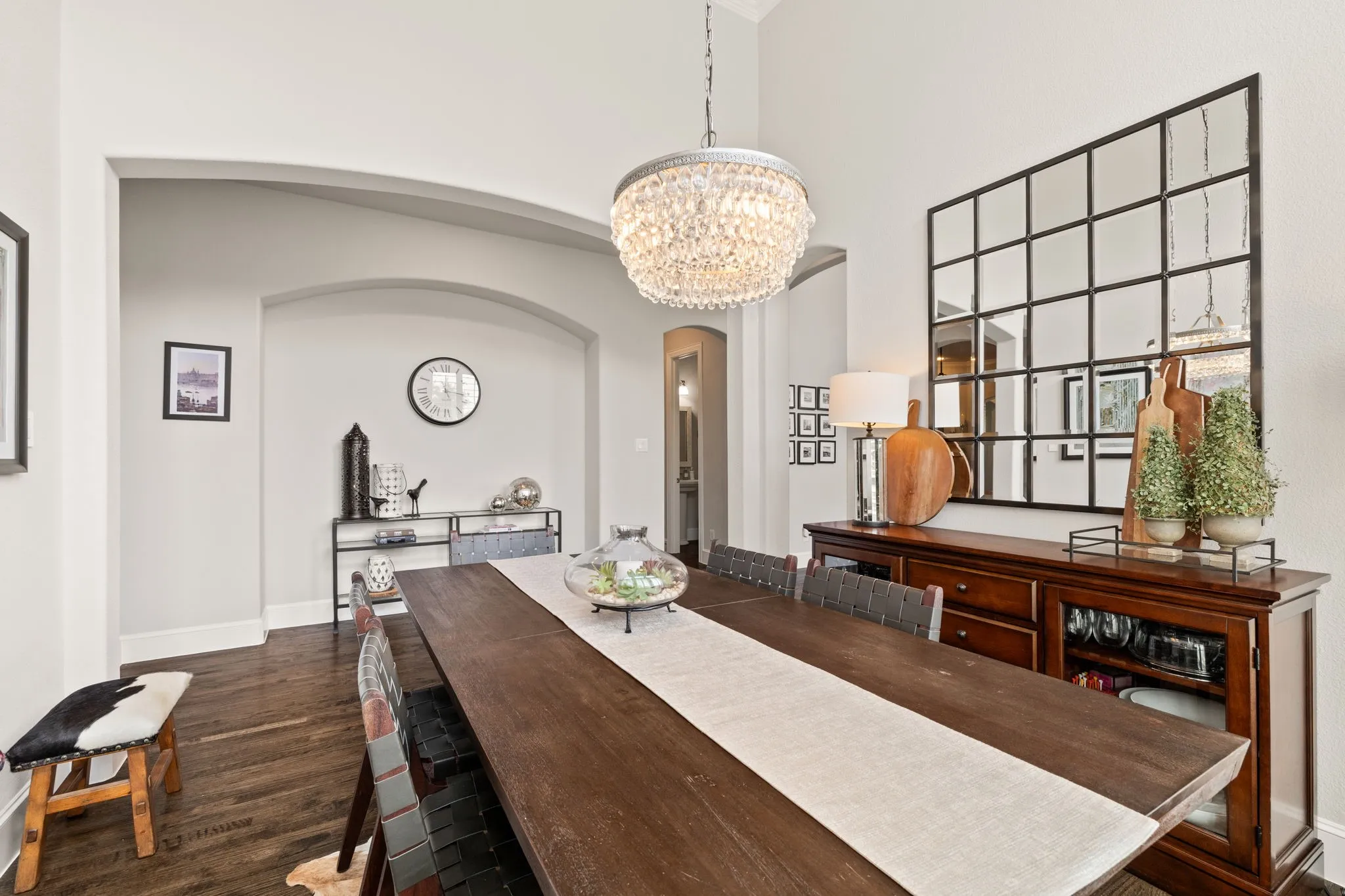 Elegant yet comfortable formal dining with designer chandelier.