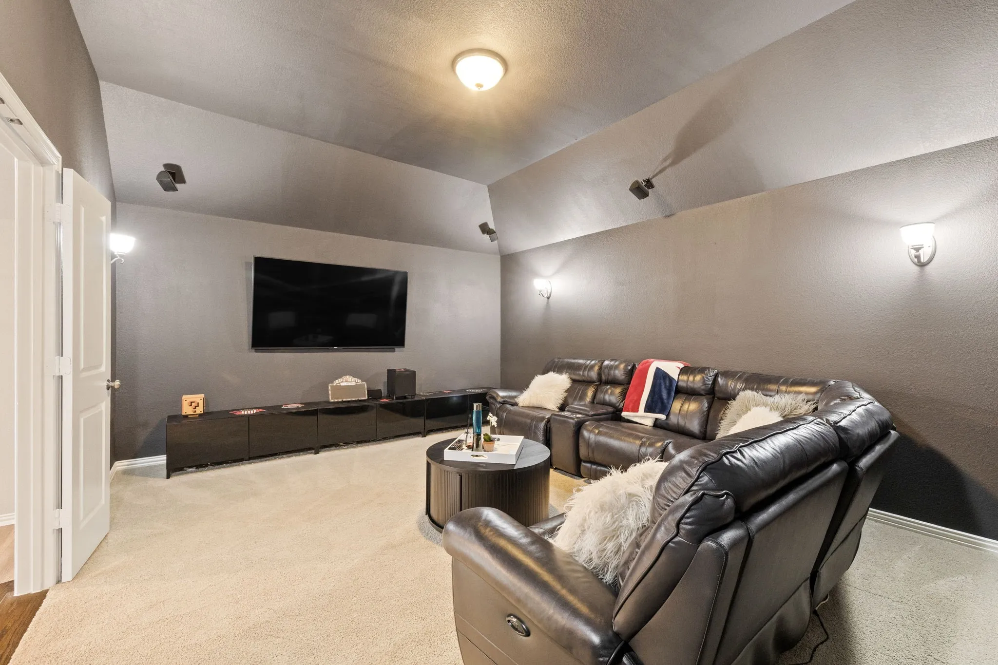 Media Room, recent paint, custom lighting, projector and screen