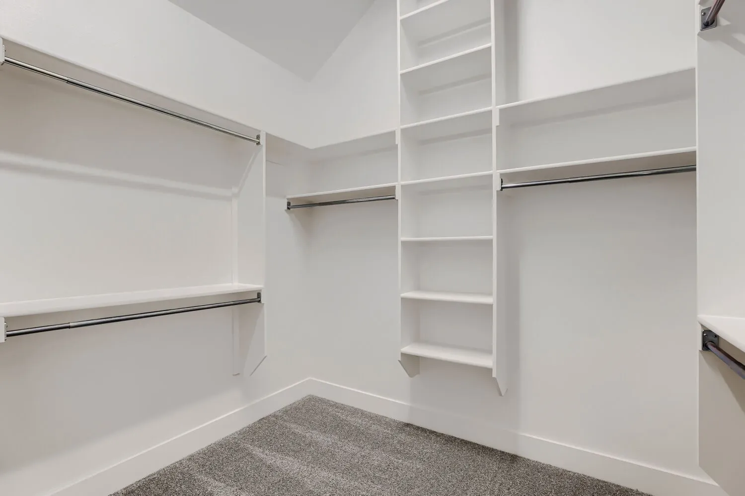 Integrated shelving system with multiple storage levels and hanging rods