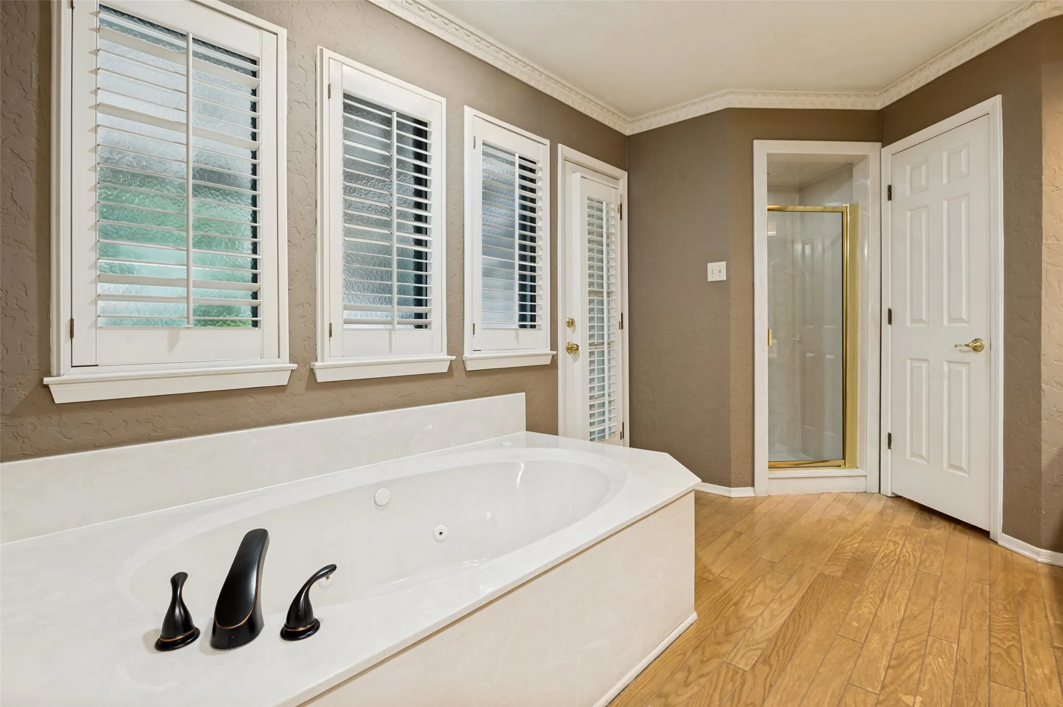 Built-in jetted tub with dark bronze fixtures set in a light-toned surround