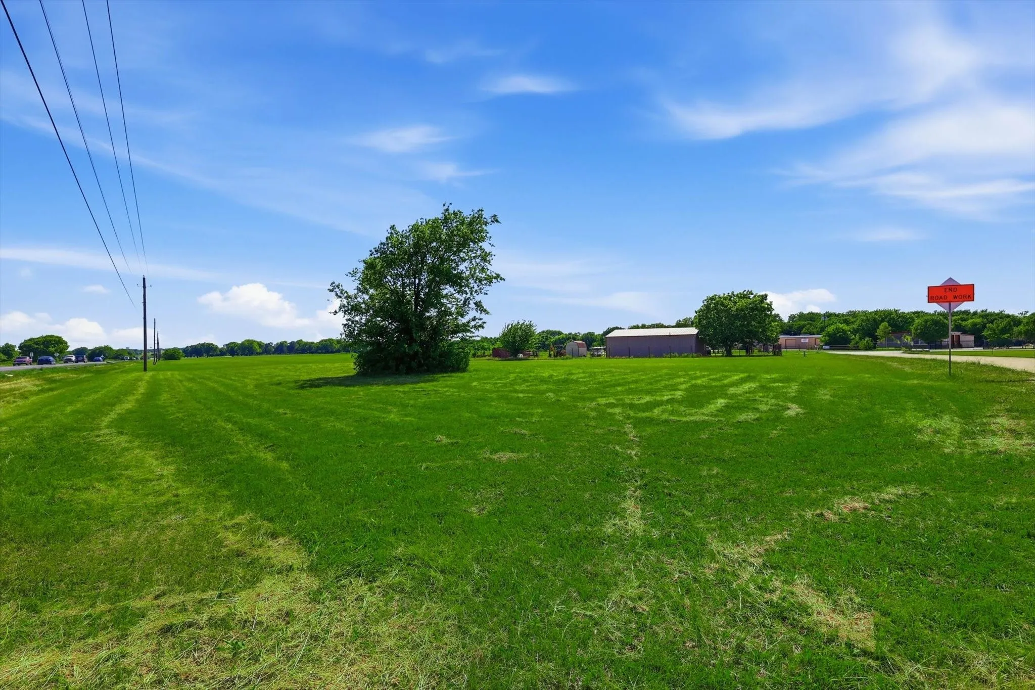 Expansive green acreage featuring a large mature tree, open fields, and distant structures under a clear sky