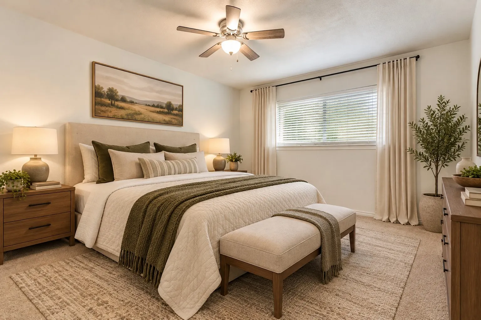 Ceiling fan with light fixture; virtually staged