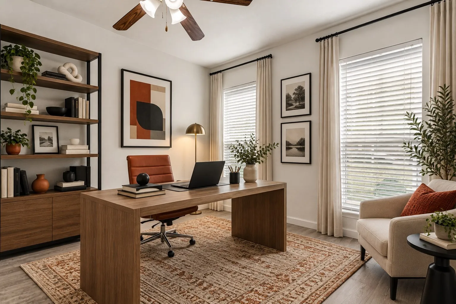 This is bedroom #3 that could also be an office; Wood-finish flooring, windows with blinds and a ceiling fan; virtually staged