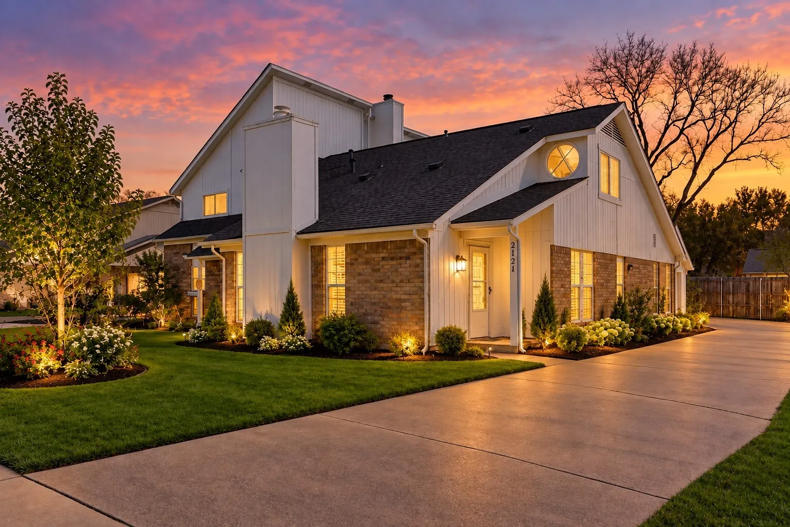Brick and vertical siding exterior with a dark shingle roof; virtually staged