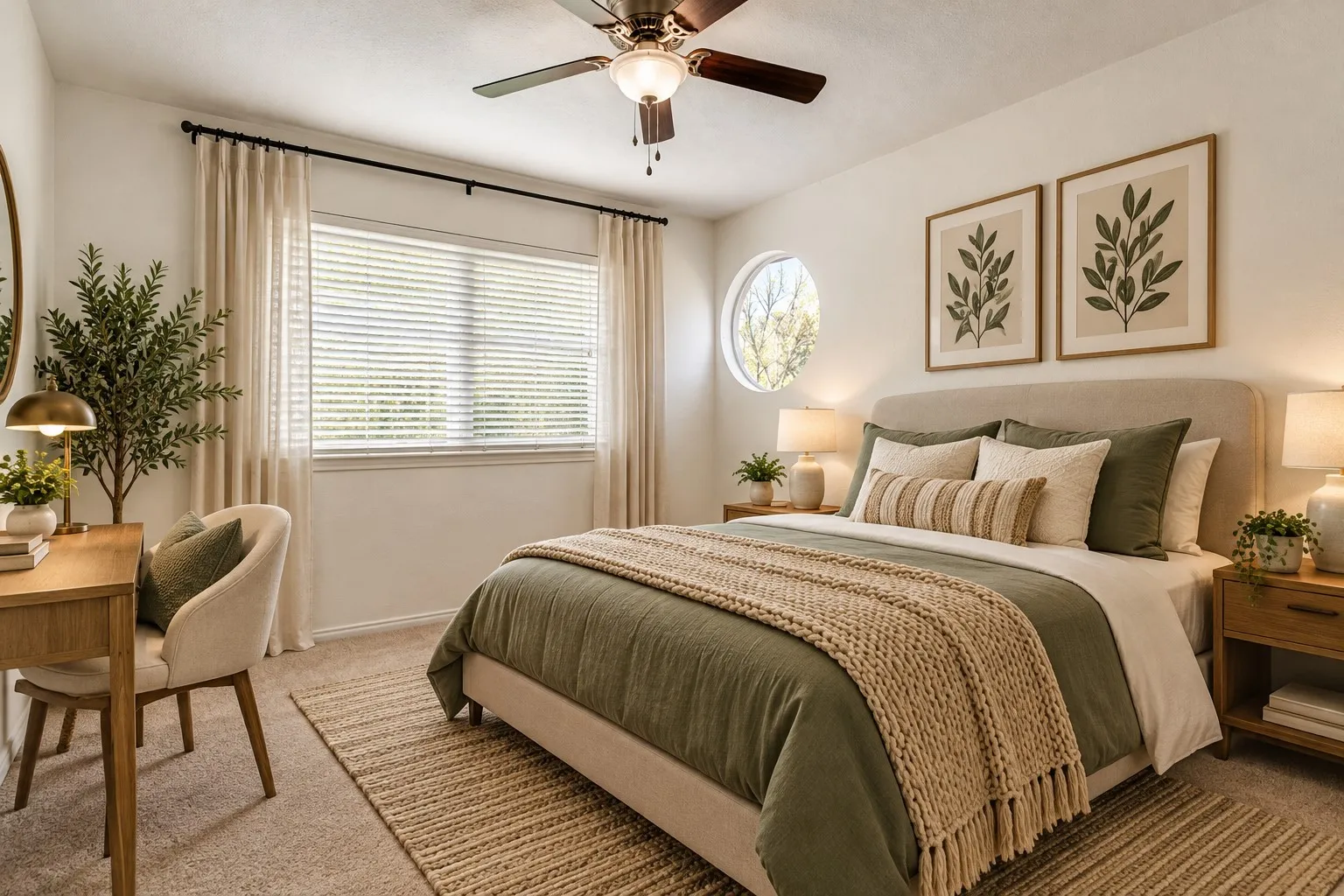 Spacious 2nd Primary Bedroom upstairs  bedroom featuring neutral carpet flooring, a ceiling fan with light fixture, and white wall finishes; Recessed lighting, ceiling fan, circular window, rectangular window with blinds, and walk-in closet; virtually staged