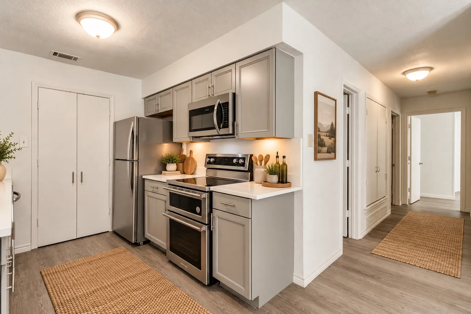 Kitchen featuring stainless steel appliances, light gray cabinetry, white countertops, and wood-finish flooring; virtually staged