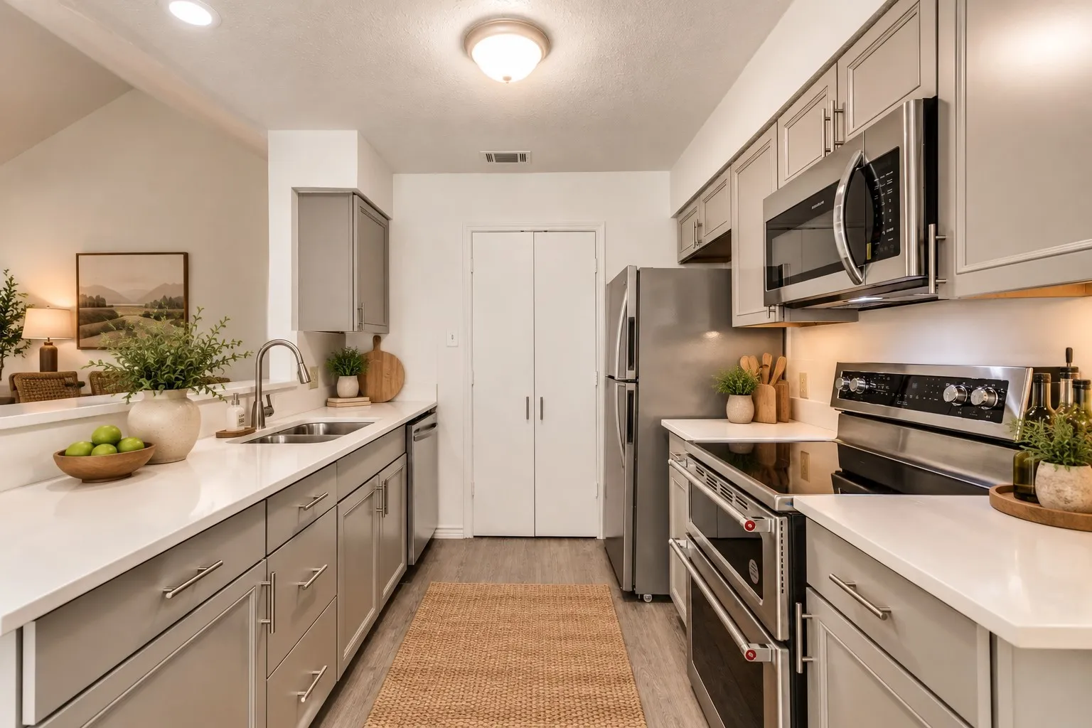 Galley kitchen featuring light gray cabinetry, stainless steel appliances, white countertops, and wood-finish flooring; virtually staged