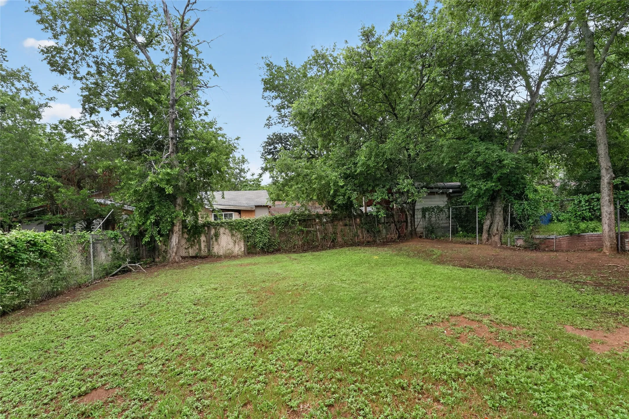 Expansive backyard featuring a lush lawn, mature trees, and privacy fencing