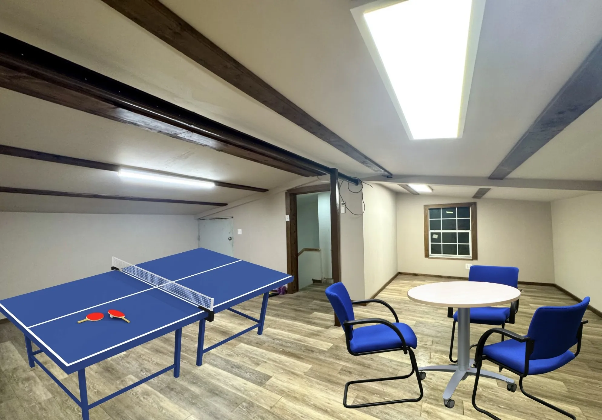 UPSTAIRS Bonus Room: VIRTUALLY STAGED. Features exposed wood beams, wood-finish flooring, and multiple ceiling-mounted light fixtures