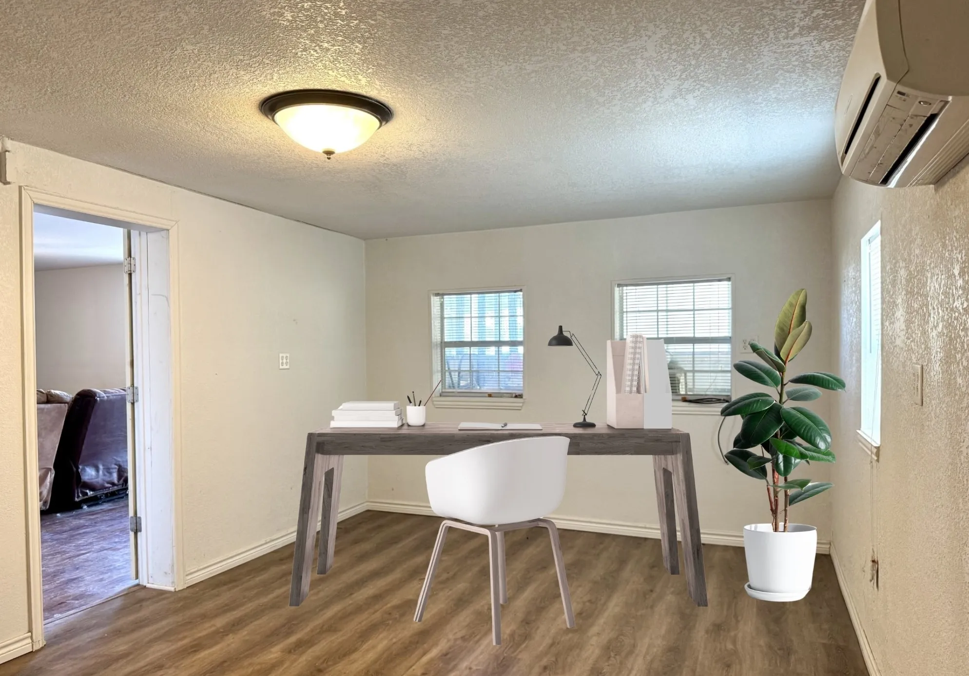 Bedroom 2: wood-finish flooring, two windows with blinds - VIRTUALLY STAGED