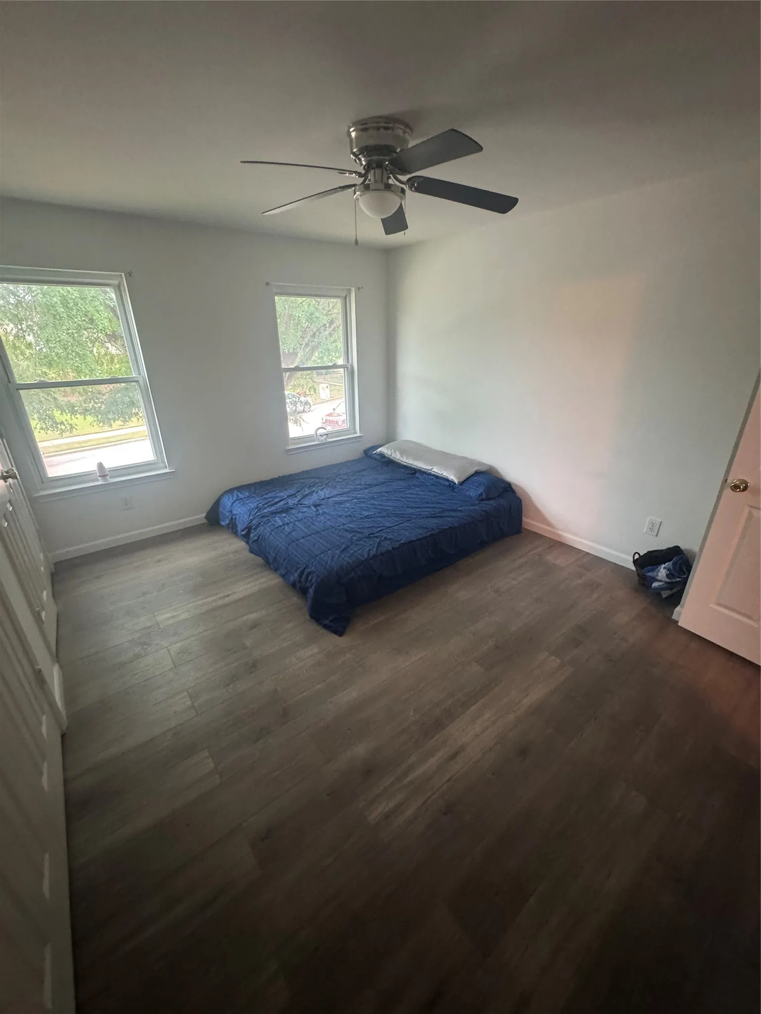 Room featuring wood-finish flooring, white walls, and two windows