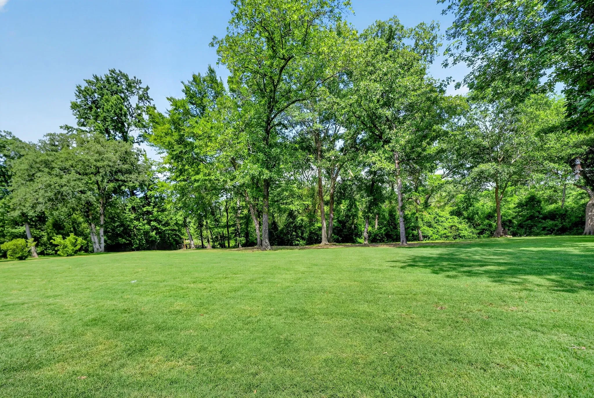 Expansive green lawn surrounded by mature trees
