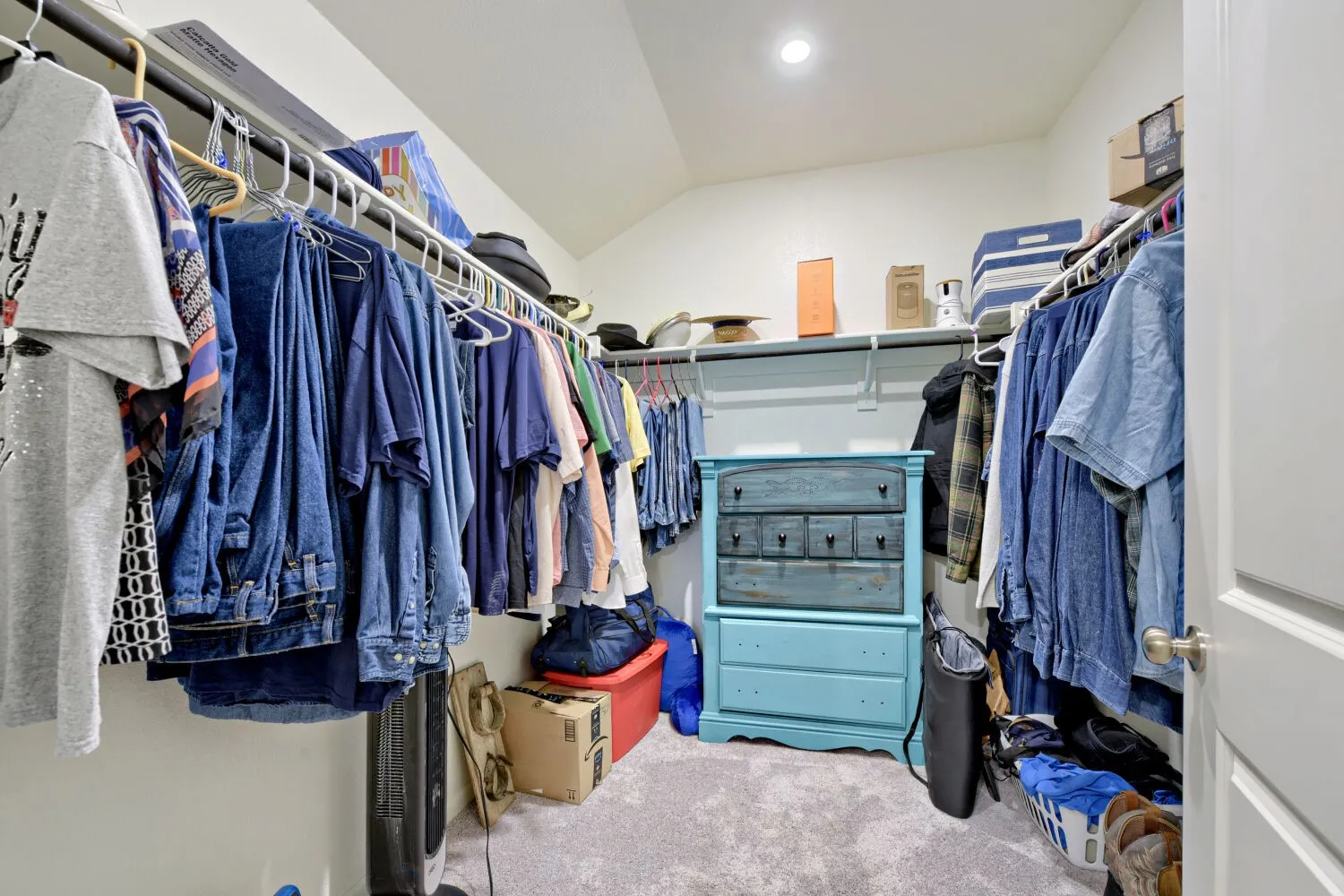 Walk-in closet featuring carpet flooring, built-in wire shelving, and recessed lighting