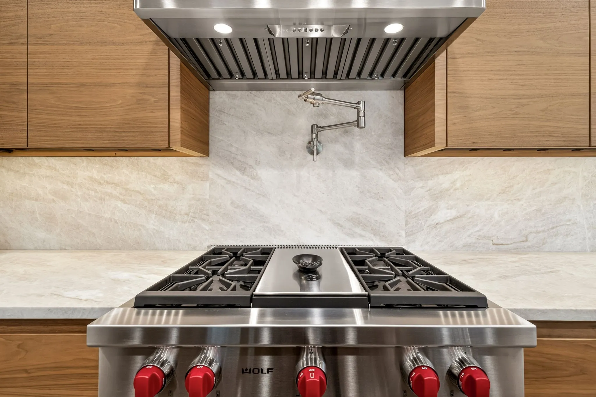 Stainless steel range hood with integrated lighting over a professional-grade gas range