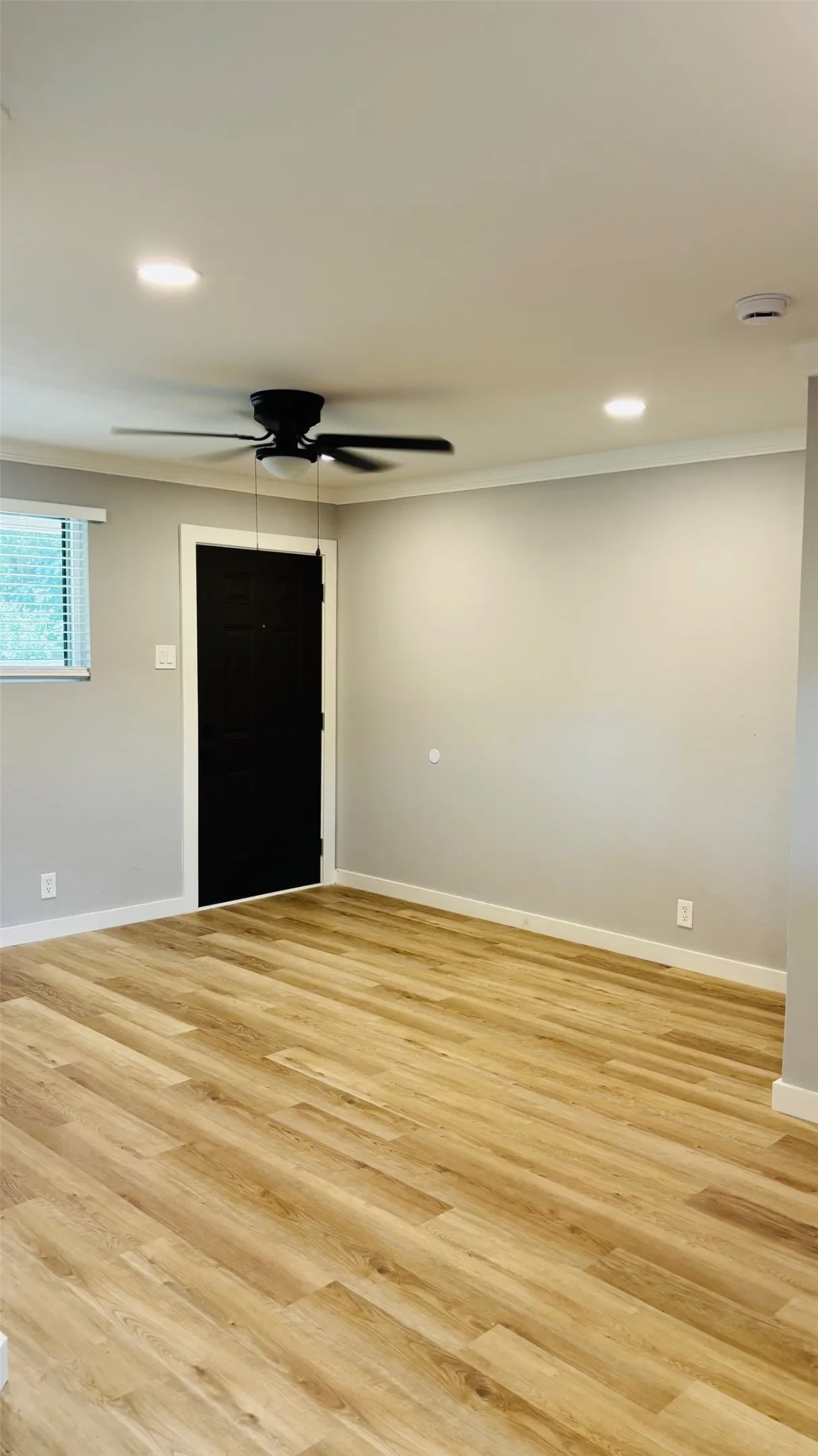 Spacious room featuring wood-finish flooring, recessed lighting, and a ceiling fan