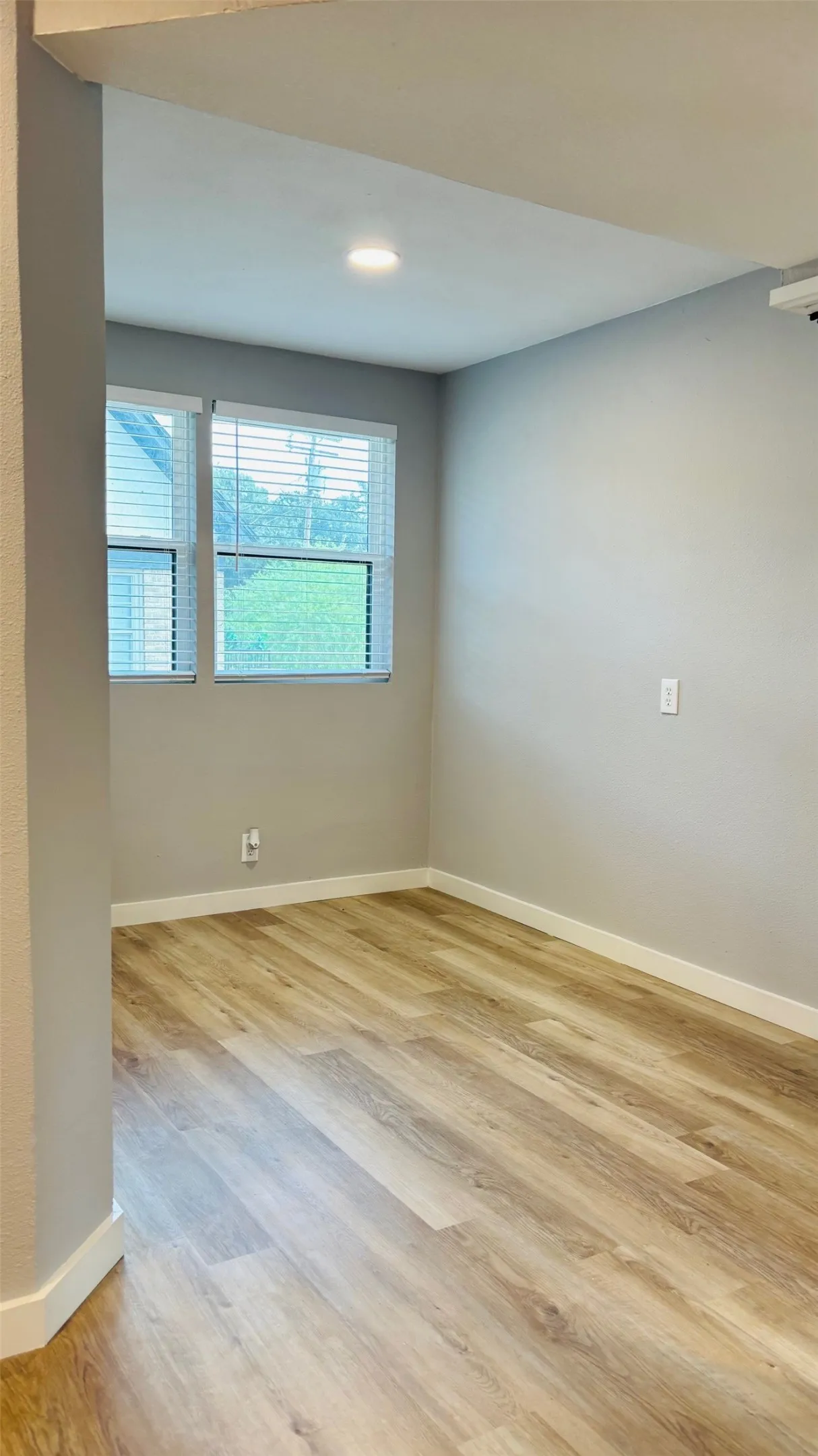 Room featuring wood-finish flooring, two large windows with blinds, recessed lighting, and light gray wall paint