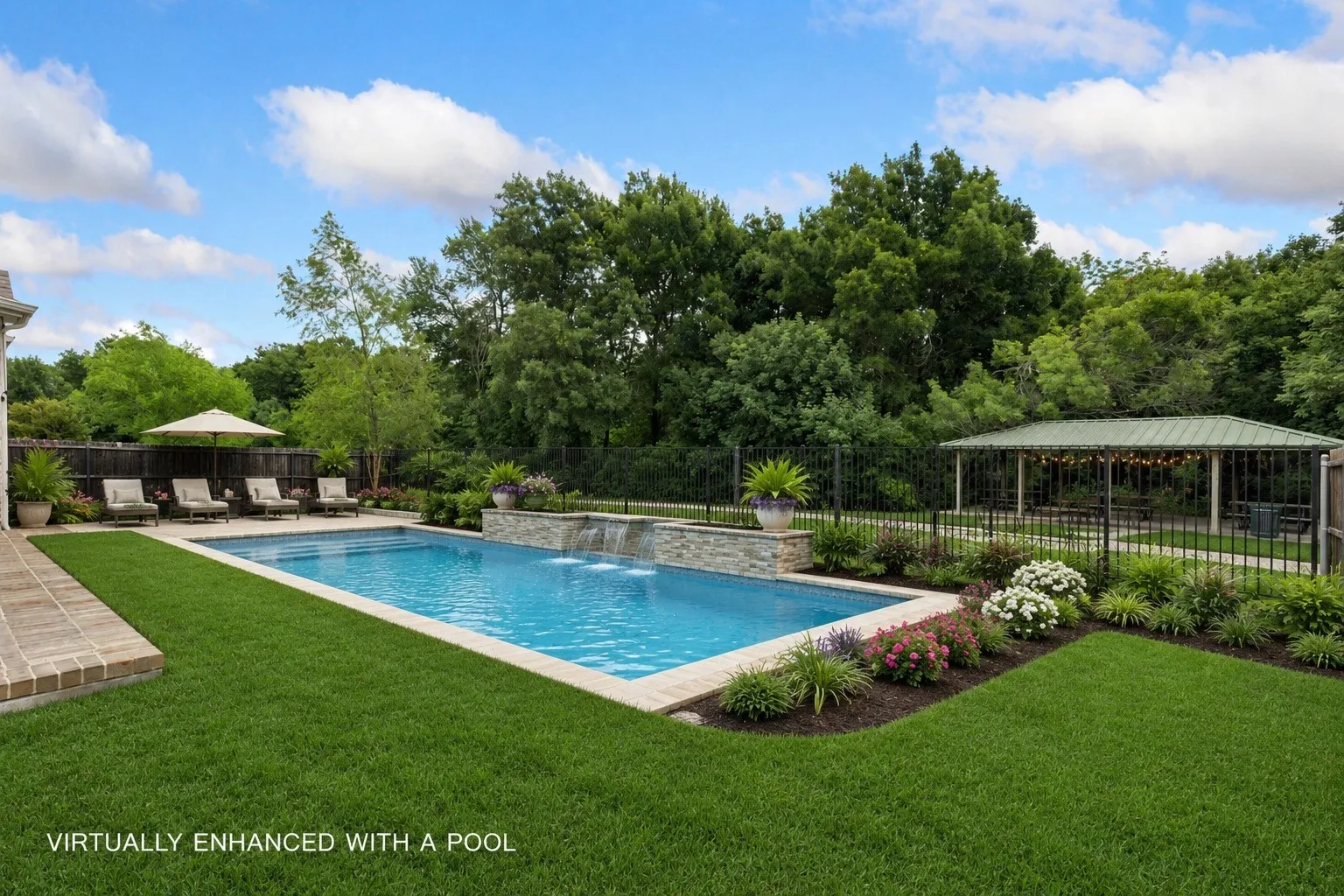 Virtually enhanced backyard with a pool