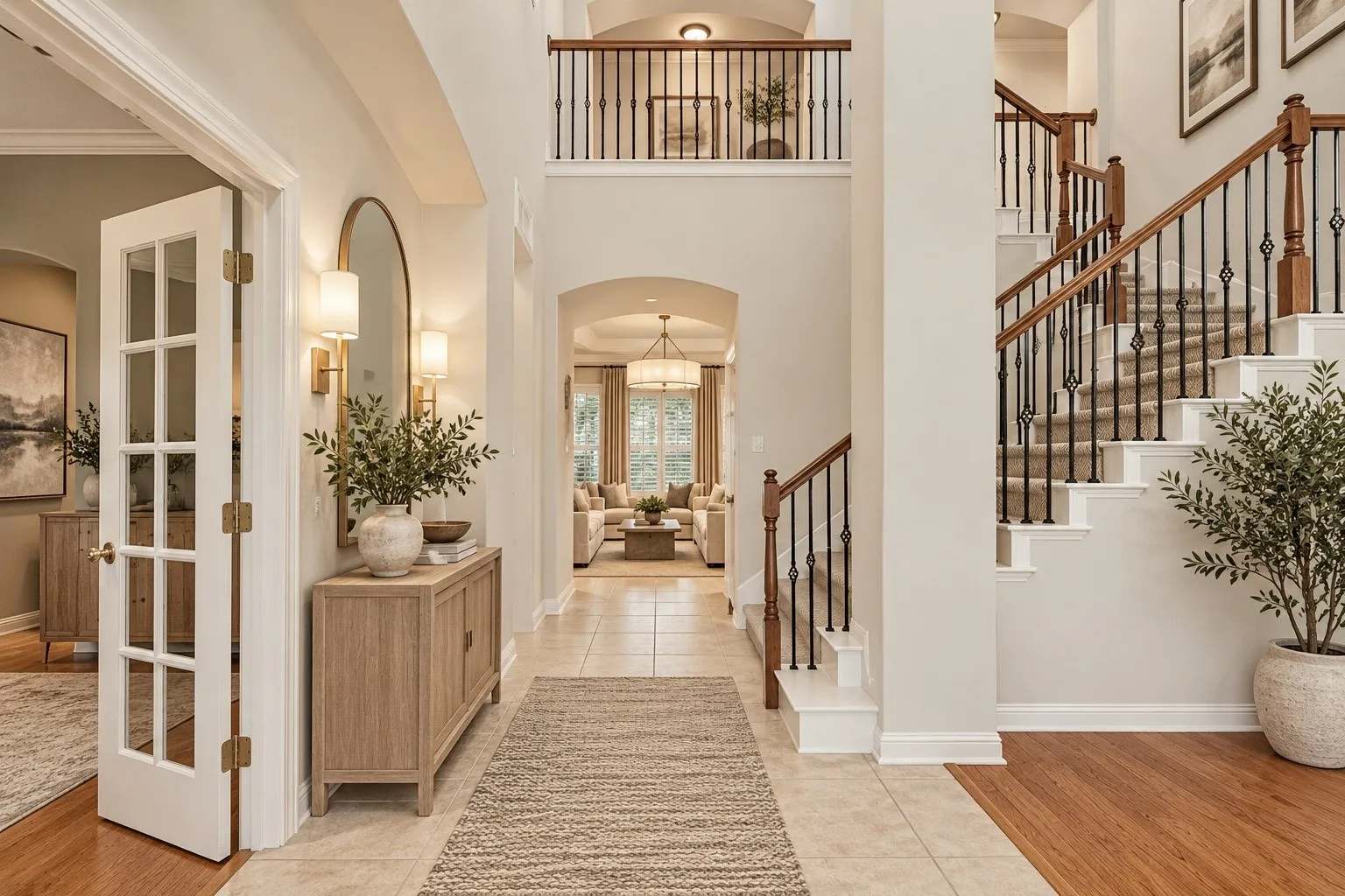 Two-story foyer with a grand staircase featuring wood handrails and wrought iron balusters