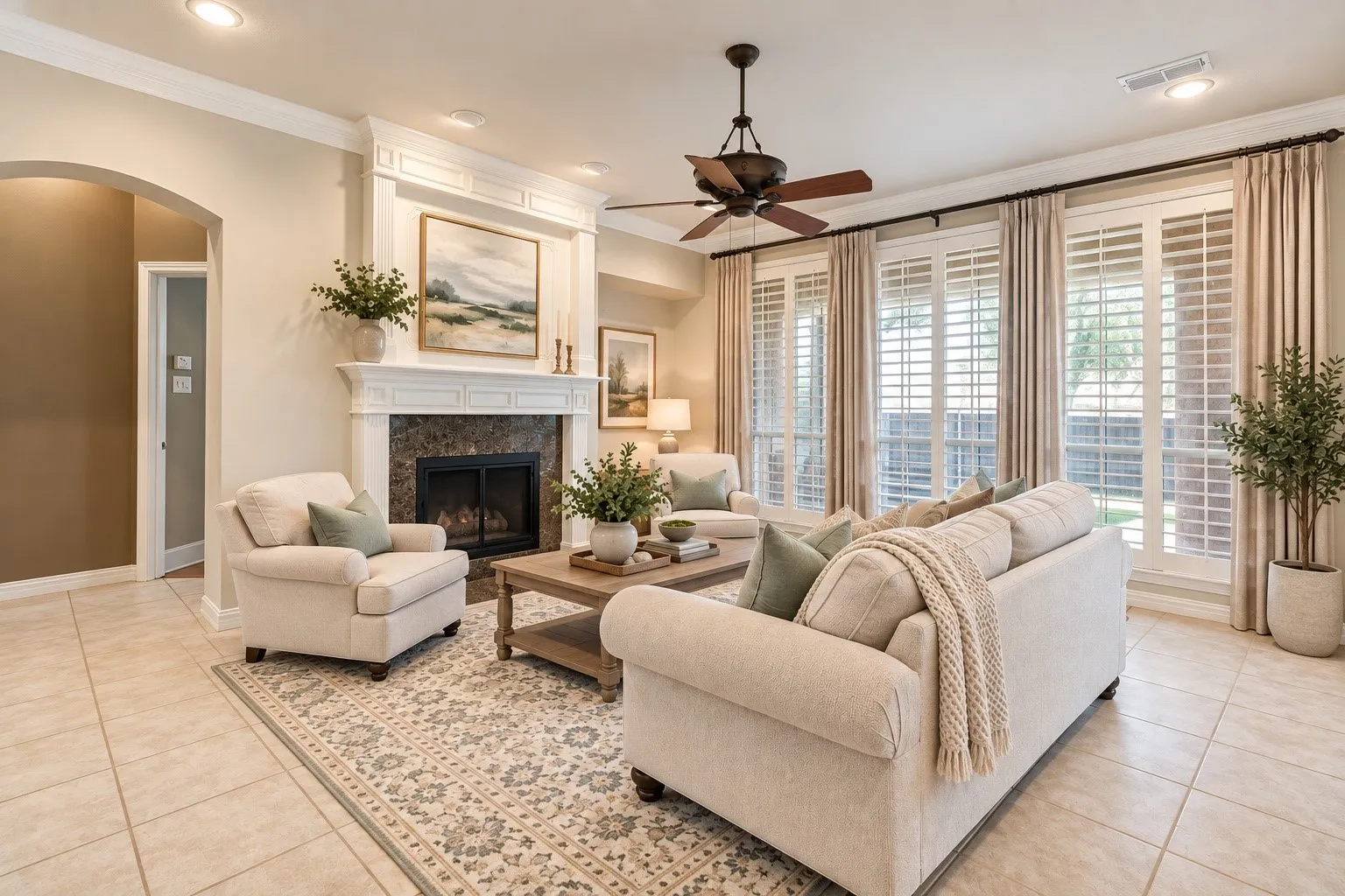 Spacious living area featuring a fireplace with a stone surround, tiled flooring, an arched entryway, recessed lighting, and a ceiling fan