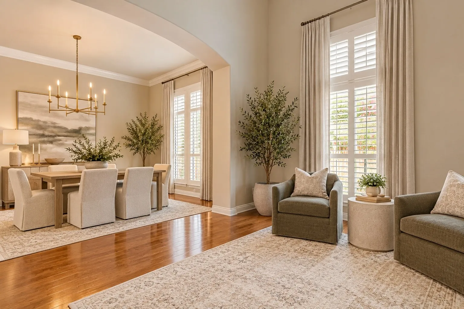 Wood-finish flooring, high ceilings, arched entryway, plantation shutters, and crown molding