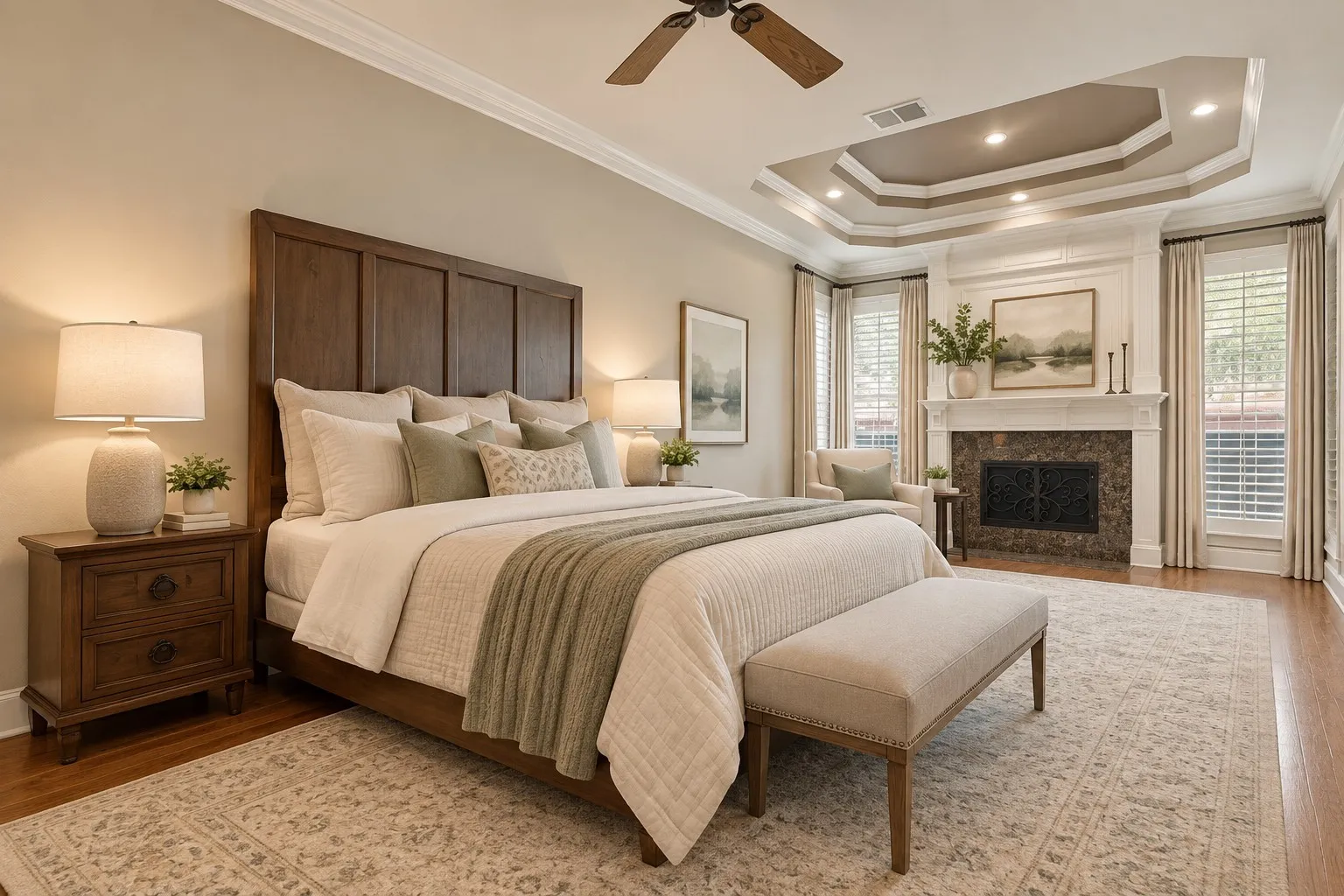 Tray ceiling with recessed lighting, crown molding, wood-finish flooring, built-in fireplace, and window shutters