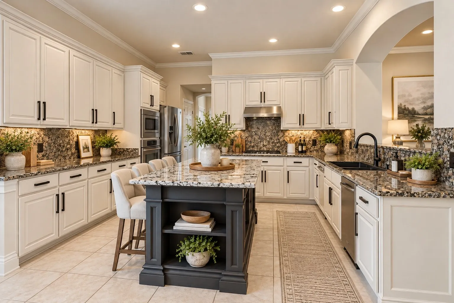 White cabinetry with black hardware, granite countertops, and a mosaic tile backsplash