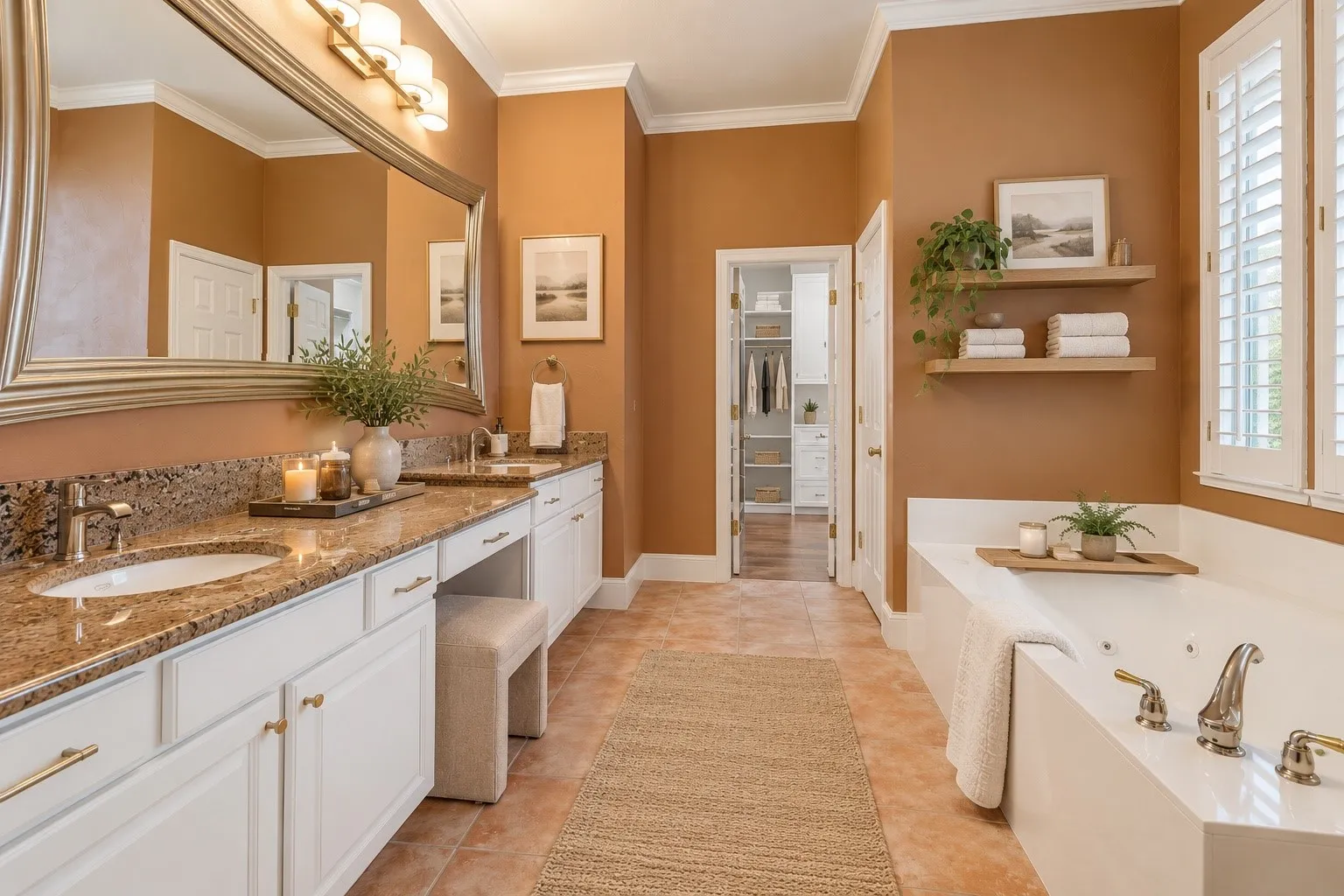 Dual vanity with stone countertops and undermount sinks, built-in soaking tub, custom closet, and wood-finish flooring