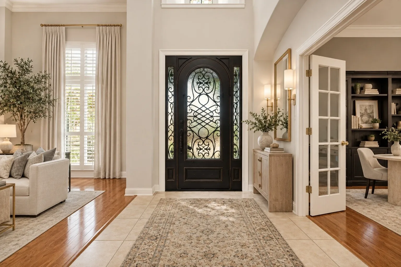 Arched entry door with decorative ironwork, high ceilings, and tile flooring in the entryway